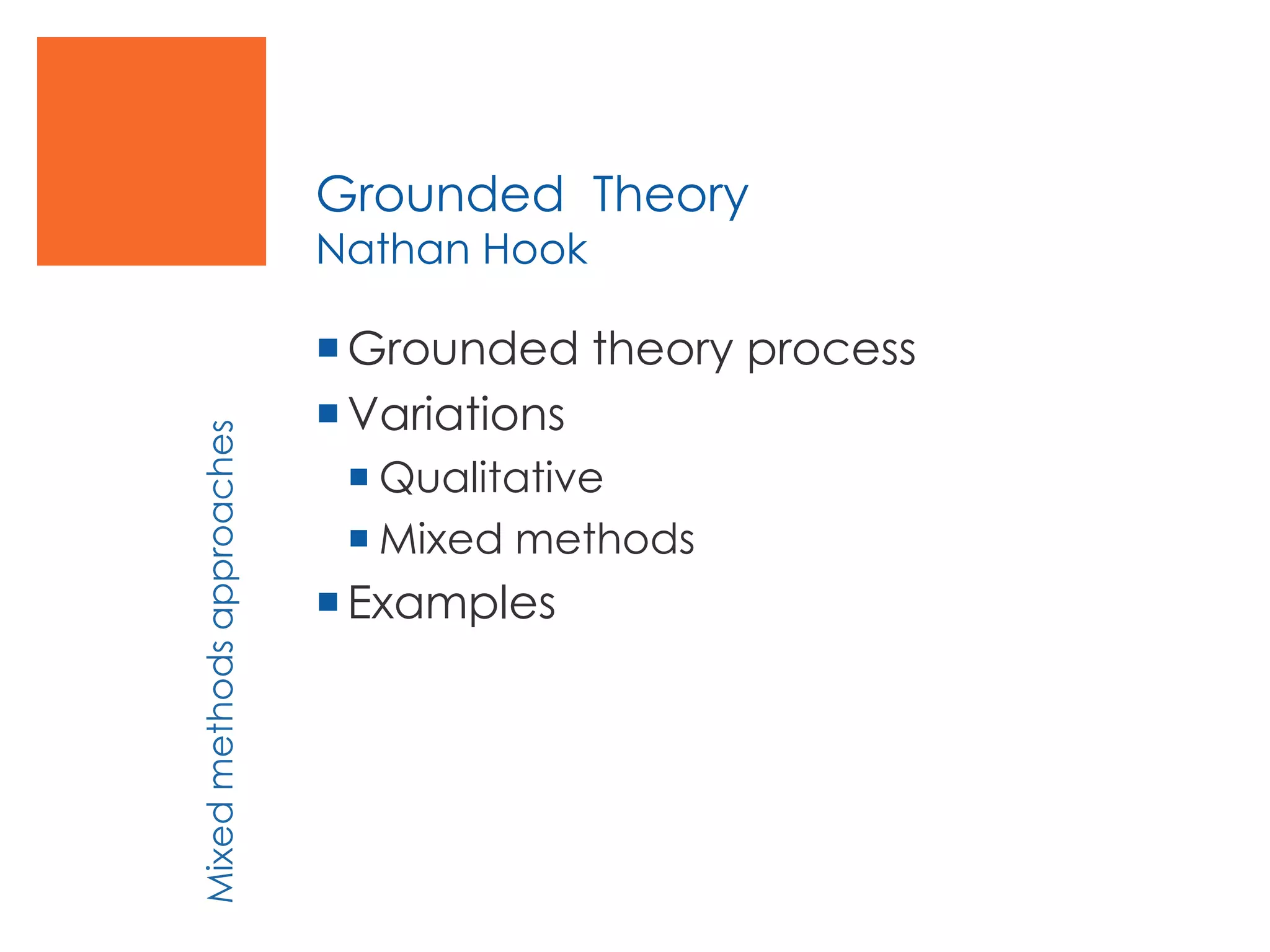 Grounded Theory
Nathan Hook
Grounded theory process
Variations
 Qualitative
 Mixed methods
Examples
Mixedmethodsapproaches
 