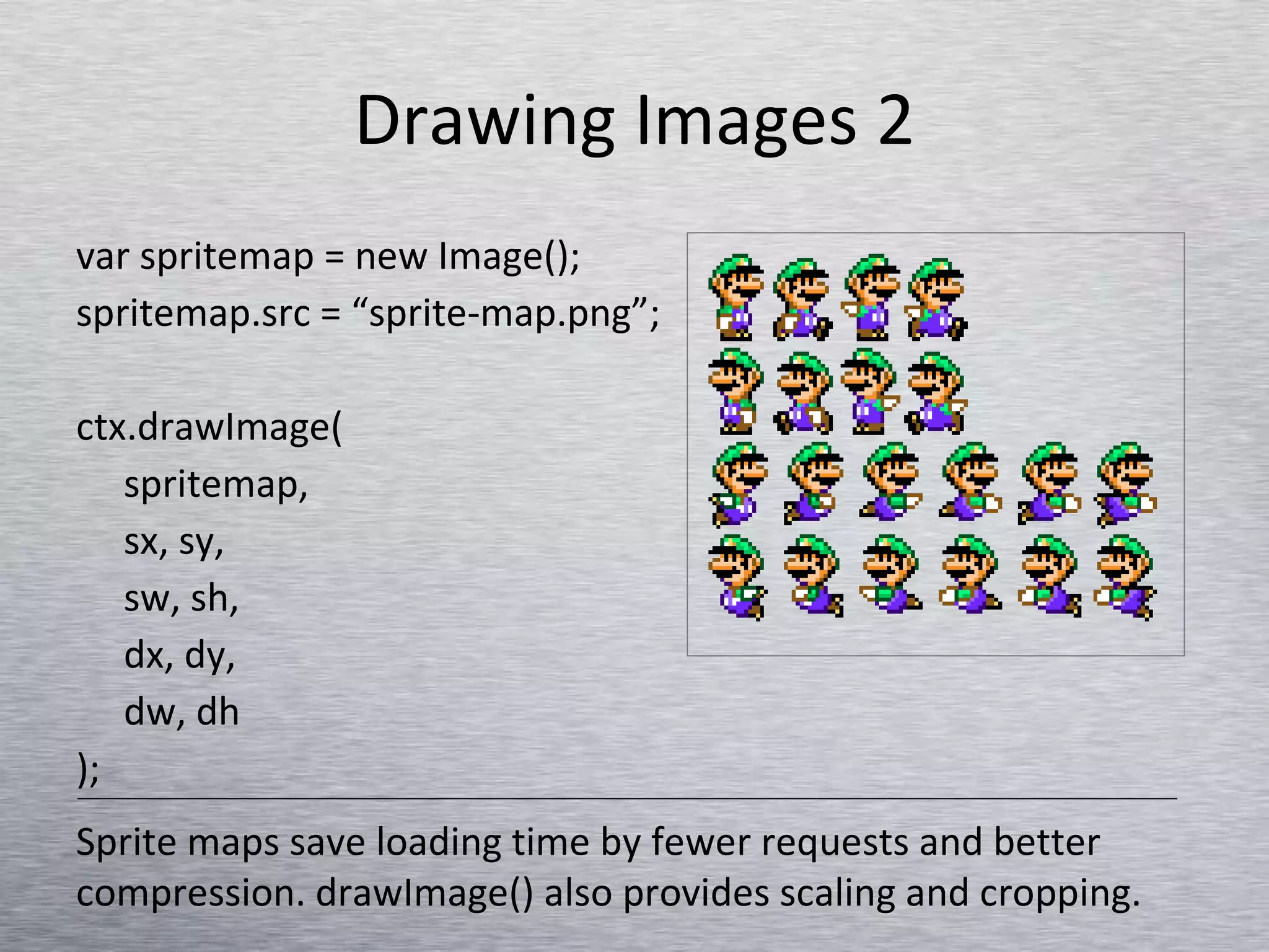 Drawing Images 2 var spritemap = new Image(); spritemap.src = “sprite-map.png”; ctx.drawImage( spritemap, sx, sy, sw, sh, dx, dy, dw, dh ); Sprite maps save loading time by fewer requests and better compression. drawImage() also provides scaling and cropping. 