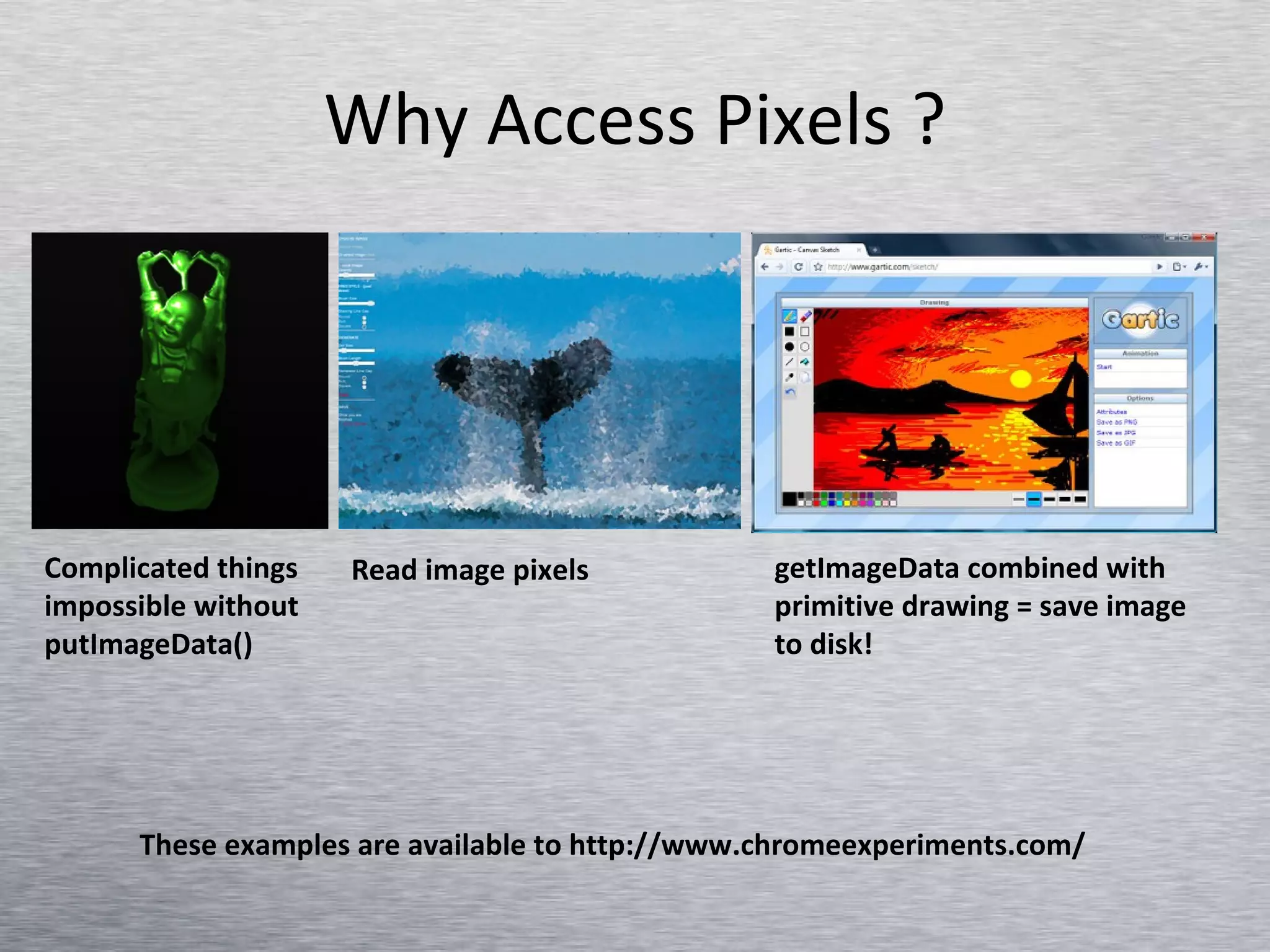Why Access Pixels ? Complicated things impossible without putImageData() Read image pixels getImageData combined with primitive drawing = save image to disk! These examples are available to http://www.chromeexperiments.com/ 