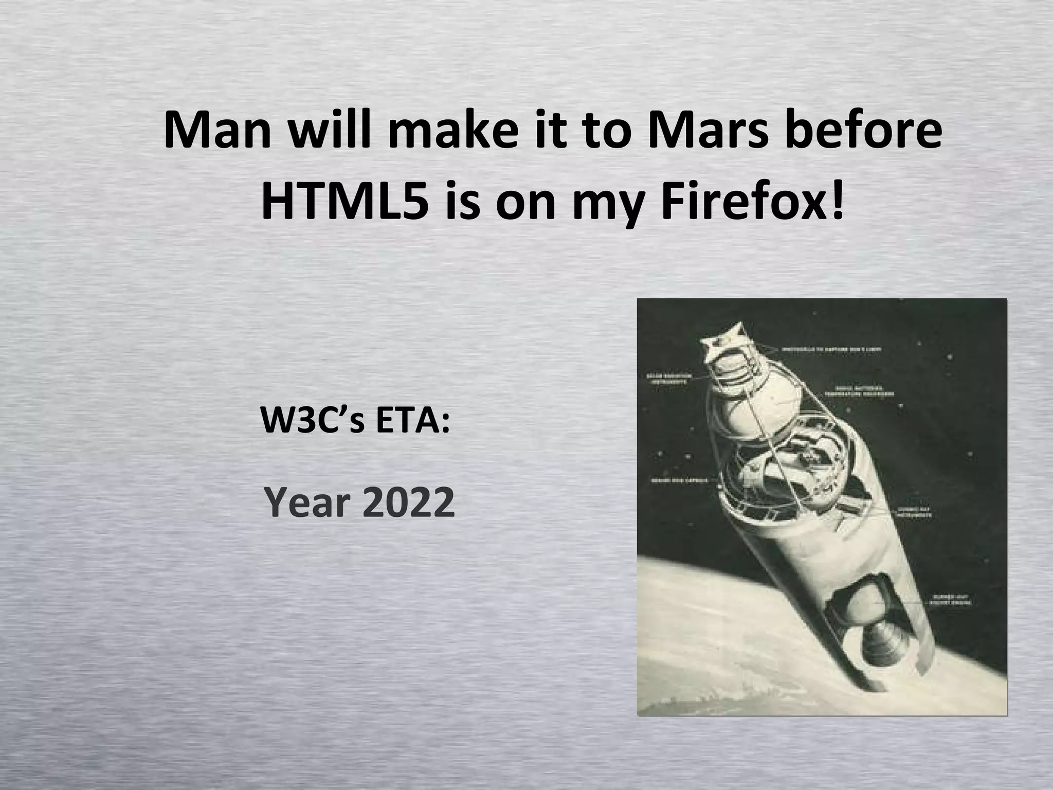 Man will make it to Mars before HTML5 is on my Firefox! W3C’s ETA:  Year 2022 
