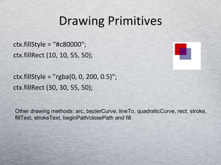 Drawing Primitives ctx.fillStyle = “#c80000&quot;;  ctx.fillRect (10, 10, 55, 50);  ctx.fillStyle = &quot;rgba(0, 0, 200, 0.5)&quot;;  ctx.fillRect (30, 30, 55, 50);  Other drawing methods: arc, bezierCurve, lineTo, quadraticCurve, rect, stroke, fillText, strokeText, beginPath/closePath and fill 