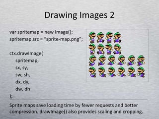 Drawing Images 2 var spritemap = new Image(); spritemap.src = “sprite-map.png”; ctx.drawImage( spritemap, sx, sy, sw, sh, dx, dy, dw, dh ); Sprite maps save loading time by fewer requests and better compression. drawImage() also provides scaling and cropping. 