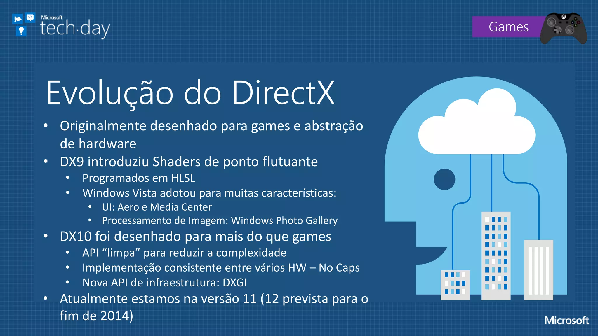Evolução do DirectX
• Originalmente desenhado para games e abstração
de hardware
• DX9 introduziu Shaders de ponto flutuante
• Programados em HLSL
• Windows Vista adotou para muitas características:
• UI: Aero e Media Center
• Processamento de Imagem: Windows Photo Gallery
• DX10 foi desenhado para mais do que games
• API “limpa” para reduzir a complexidade
• Implementação consistente entre vários HW – No Caps
• Nova API de infraestrutura: DXGI
• Atualmente estamos na versão 11 (12 prevista para o
fim de 2014)
Games
 
