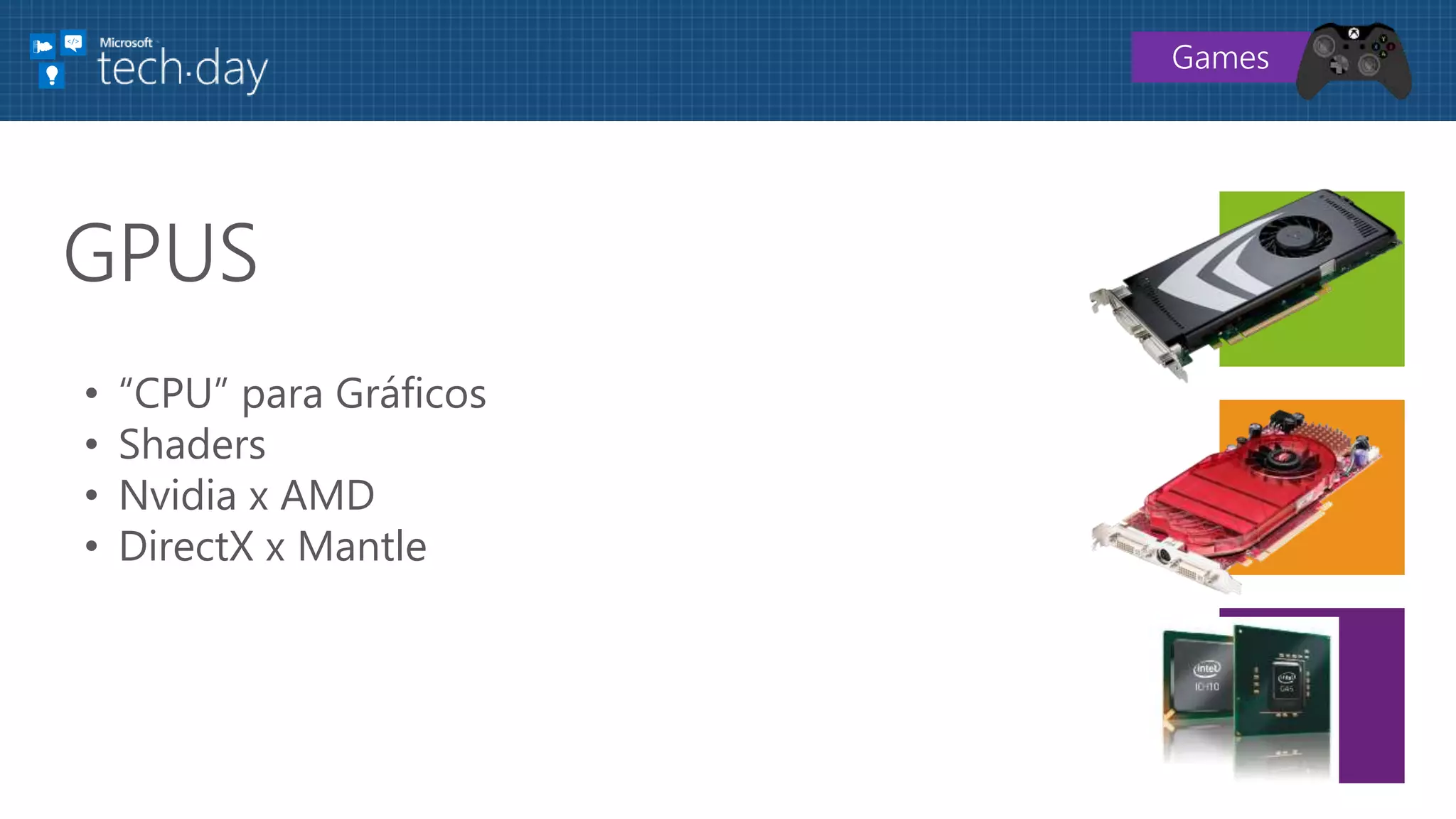 • “CPU” para Gráficos
• Shaders
• Nvidia x AMD
• DirectX x Mantle
GPUS
Games
 