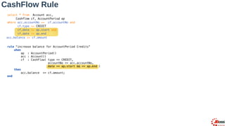 select * from Account acc,
Cashflow cf, AccountPeriod ap
where acc.accountNo == cf.accountNo and
cf.type == CREDIT
cf.date >= ap.start and
cf.date <= ap.end
rule “increase balance for AccountPeriod Credits”
when
ap : AccountPeriod()
acc : Account()
cf : CashFlow( type == CREDIT,
accountNo == acc.accountNo,
date >= ap.start && <= ap.end )
then
acc.balance += cf.amount;
end
acc.balance += cf.amount
CashFlow Rule
 