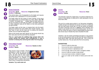 18 Peer Support Icebreakers
Human Cluewords
Group Size: 20-30 Resources: Anagrams & Clues
Duration: 10 Minutes
This activity takes a bit of preparation by the leader and requires
the names of all in attendance if it is to be successful.
The leader takes the first names of every member of the group
and creates words out of these letters (e.g. Chris, Helen, Ellie, Will
= CHEW). The leader then creates clues for these words (e.g.
the act of mushing up food with your teeth!). The leader should try
to make anagrams using all the letters so that every participant
can get involved.
The leader reads out the clues, or projects them onto the board,
telling the students how many letters each answer requires. They
then have to work out the clues and, by asking one another's
names, line up to spell the target word.
When all the words have been figured out the groups should say
their name aloud and the word that they represent.
This is a good game for splitting large groups down into
smaller groups but leaders need contingencies in case a
member is missing thus removing their letter from the group.
Tell Us About Yourself
Group Size: <15 Resources: Sweets or other
Duration: 15mins
Pass around a bag of sweets. Tell the
participants to take as many as they
want. Once all the participants have
some, tell them that for each sweet
they took they have to say one thing
about themselves. For instance, if a
participant took 10 sweets, they would
have to say 10 things about themselves.
Variation: Try it with toilet roll!
I
T
I
D
E
Quick & Easy
15
Line Up
Group Size: 20+ Resources: None
Duration: 10mins
This exercise is good for a large group. It is good to break the mo-
notony of long periods of sitting and to help participants find out
about each other.
This can be a whole group activity or an inter-group competition.
Leaders will give the instruction for groups to line up in a particular
way and each group should get in a line as quickly as possible.
The twist is that they must do it in silence. Group members can’t
speak to one another but must communicate go get into the cor-
rect line. When the group is lined up appropriately all group mem-
bers should clap to indicate they have completed the task.
Variations: Use this activity periodically throughout a long session
or you can ask groups to come up with their own way of letting you
know they're ready. (We have had groups yell, hum a song, put
up their hands, etc.) This can add a lot of fun to the activity.
SUGGESTIONS
1. Line up in order by shoe size.
2. Line up by first name in alphabetical order.
3. Line up by surname in alphabetical order.
4. Line up by age, down to the month, youngest to oldest.
5. Line up in order by number of pets owned.
6. Line up by house number, smallest to largest
7. Line up in order by the number of bones you've ever bro-
ken.
T
I
 
