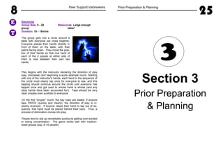 8 Peer Support Icebreakers
Electricity
Group Size: 8 - 20 Resources: Large enough
group table!
Duration: 10 - 15mins
The group gets into a circle around a
table with everyone sat close together.
Everyone places their hands directly in
front of them on the table, with their
palms facing down. They move the posi-
tion of their hands so that one hand of
each of the 2 people at either side of
them is now between their own two
hands.
Play begins with the instructor declaring the direction of play
(say, clockwise) and beginning a quick example round. Starting
with one of the instructor's hands, each hand in the sequence of
the circle must clearly tap once for everyone to see, and this
tapping should continue around the circle until everyone has
tapped once and got used to whose hand is whose (and any
stray hands have been accounted for!). Taps should be very
clear (maybe even audible) to everyone.
On the first "proper" round, the key rules are stated: if anyone
taps TWICE (quickly and clearly), the direction of play is in-
stantly reversed. If anyone raises their hand to tap out of se-
quence, that hand must be placed behind their back. Thus, a
process of elimination comes into play.
People tend to slip up remarkably quickly by getting over-excited
or losing concentration. The game works well with medium-
sized groups (say, 6-15 people).
T
E
Prior Preparation & Planning
25
Section 3
Prior Preparation
& Planning
3
 