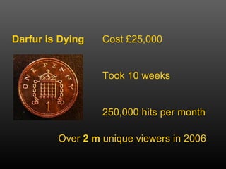 Darfur is Dying Cost ?25,000 Took 10 weeks 250,000 hits per month Over  2 m  unique viewers in 2006 