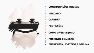 CONSIDERAÇÕES INICIAIS
MERCADO
CARREIRA
PROFISSÕES
COMO VIVER DE JOGO
POR ONDE COMEÇAR
ENTREVISTA, SORTEIOS E OFICINA
 