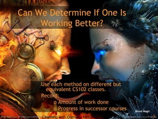 Learning with Games - MRU SoTL Nov. 2010 5
Can We Determine If One Is
Working Better?
Use each method on different but
equivalent CS102 classes.
Record:
o Amount of work done
o Progress in successor courses Blood Magic
 