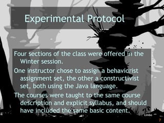 Learning with Games - MRU SoTL Nov. 2010 7
Experimental Protocol
Four sections of the class were offered in the
Winter session.
One instructor chose to assign a behaviorist
assignment set, the other a constructivist
set, both using the Java language.
The courses were taught to the same course
description and explicit syllabus, and should
have included the same basic content.
Limbo
 