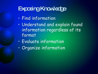 Exposing Knowledge Find information Understand and explain found information regardless of its format  Evaluate information  Organize information 