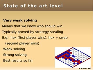 State of the art level


Very weak solving
Means that we know who should win
Typically proved by strategy-stealing
E.g.: hex (first player wins), hex + swap
 (second player wins)
Weak solving
Strong solving
Best results so far
 