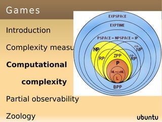 Games

Introduction

Complexity measures

Computational

    complexity

Partial observability

Zoology
 