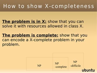 How to show X-completeness

The problem is in X: show that you can
solve it with resources allowed in class X.

The problem is complete: show that you
can encode a X-complete problem in your
problem.



                                          NP
                           NP
                  NP       -complete   -difficile
 