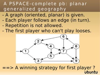 A PSPACE-complete pb: planar
 generalized geography
- A graph (oriented, planar) is given.
- Each player follows an edge (in turn).
- Repetition is not allowed.
- The first player who can't play looses.




==> A winning strategy for first player ?
 