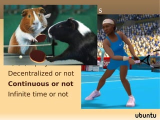 Introduction to games

Partially or fully observable
Randomized or not
Iterated or not
1,2,3,... players
Decentralized or not
Continuous or not
Infinite time or not
 