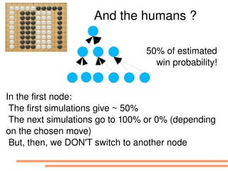 And the humans ?

                                 50% of estimated
                                   win probability!


In the first node:
 The first simulations give ~ 50%
 The next simulations go to 100% or 0% (depending 
on the chosen move)
 But, then, we DON'T switch to another node 
 
 