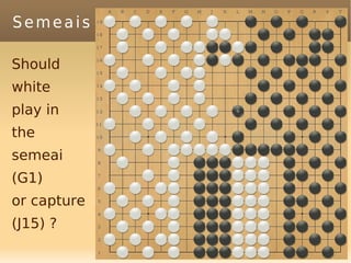 Semeais

Should
white
play in
the
semeai
(G1)
or capture
(J15) ?
             86
 