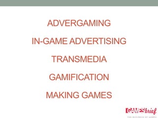 ADVERGAMING

IN-GAME ADVERTISING

   TRANSMEDIA

   GAMIFICATION

  MAKING GAMES
 