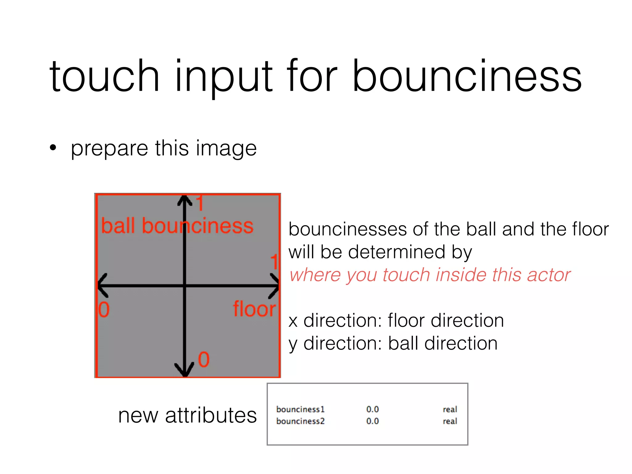 touch input for bounciness
• prepare this image
bouncinesses of the ball and the ﬂoor
will be determined by
where you touch inside this actor
!
x direction: ﬂoor direction
y direction: ball direction
new attributes
 