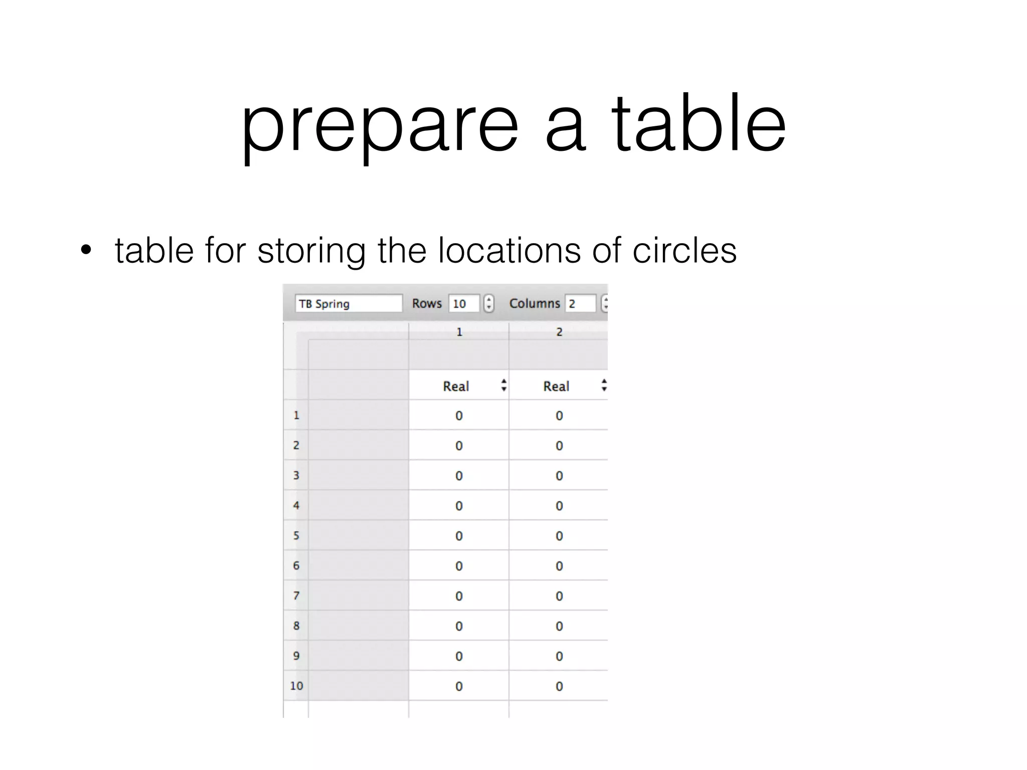 prepare a table
• table for storing the locations of circles
 
