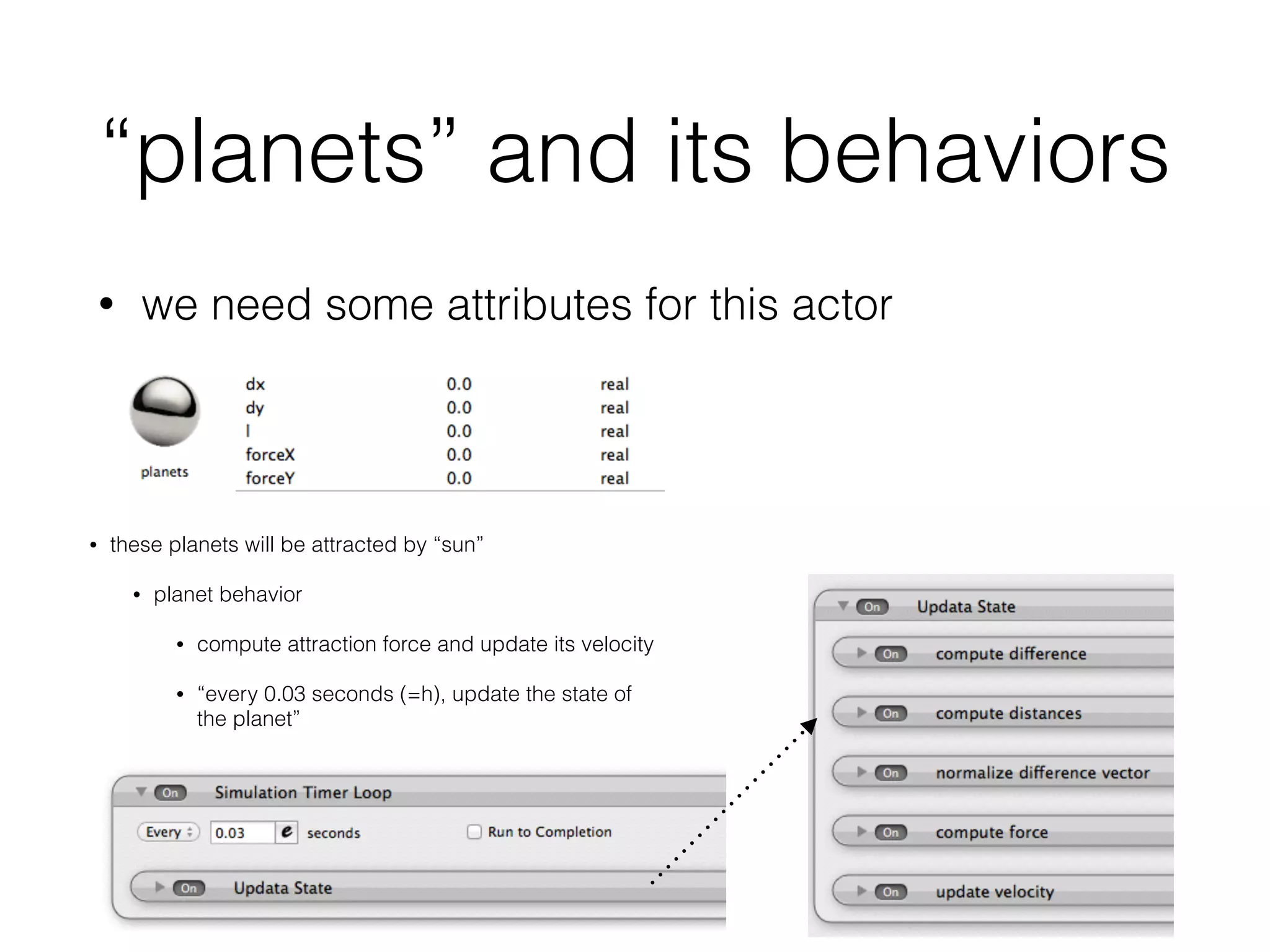 “planets” and its behaviors
• we need some attributes for this actor
• these planets will be attracted by “sun”
• planet behavior
• compute attraction force and update its velocity
• “every 0.03 seconds (=h), update the state of
the planet”
 