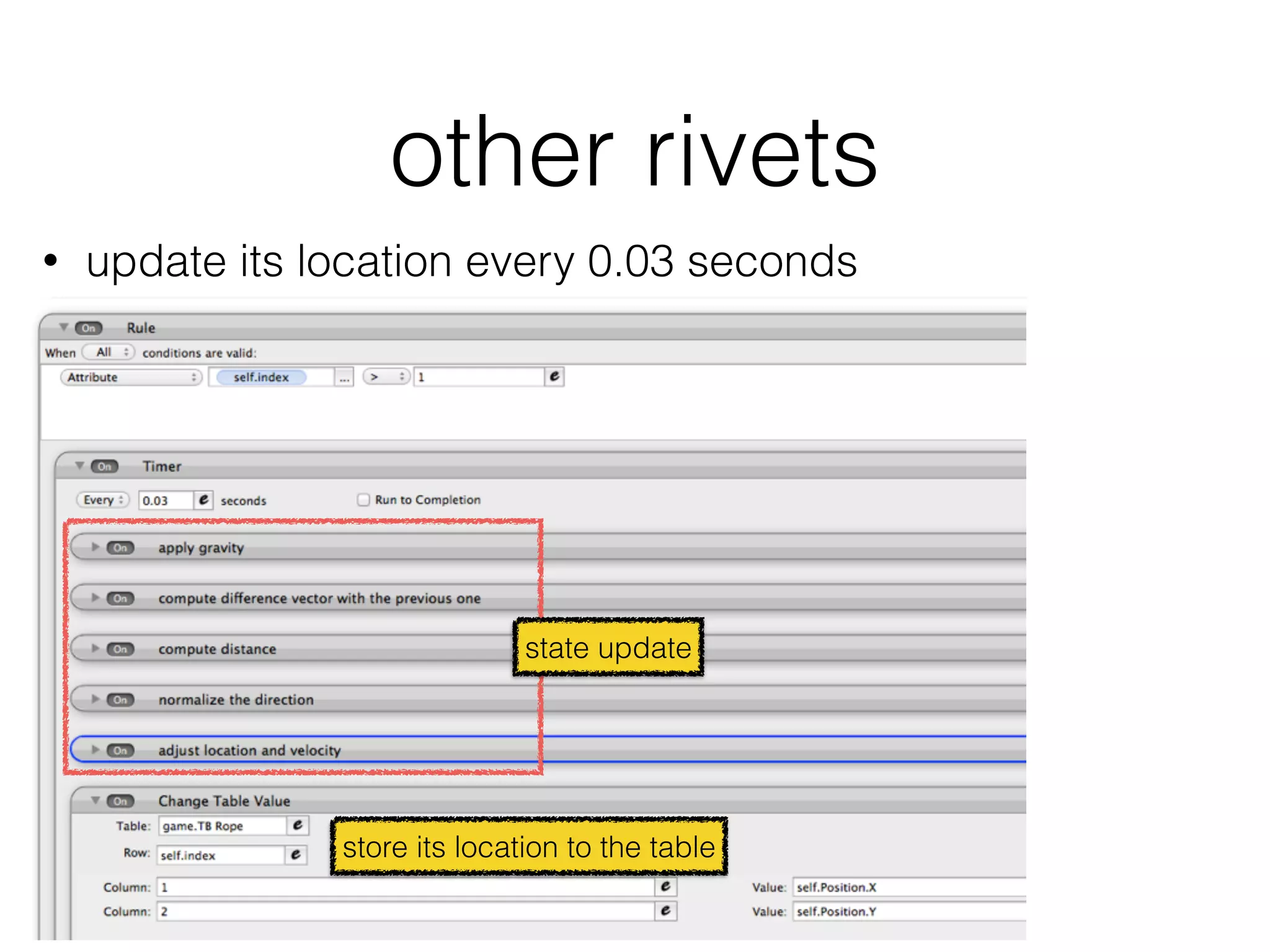 other rivets
• update its location every 0.03 seconds
store its location to the table
state update
 