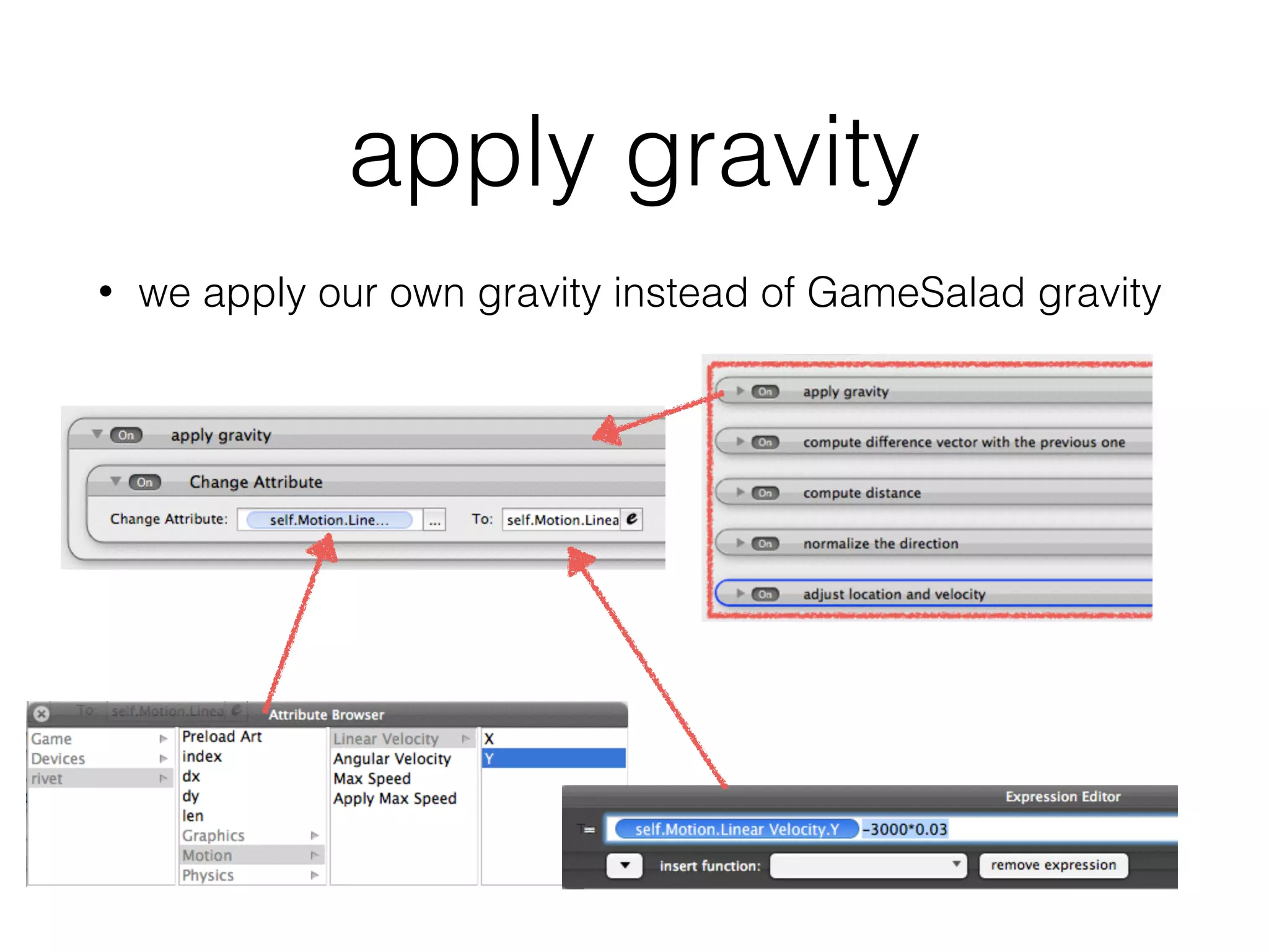 apply gravity
• we apply our own gravity instead of GameSalad gravity
 
