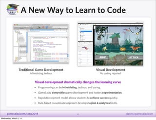 A New Way to Learn to Code

Traditional Game Development

Visual Development

Intimidating, tedious

No coding required

V...