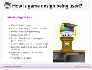 How is game design being used?
Middle/High School

• Game design courses
• Entrepreneurship & business courses
• Introduct...