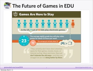 The Future of Games in EDU

gamesalad.com/sxsw2014
Wednesday, March 5, 14

4

danm@gamesalad.com

 