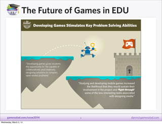 The Future of Games in EDU

gamesalad.com/sxsw2014
Wednesday, March 5, 14

8

danm@gamesalad.com

 