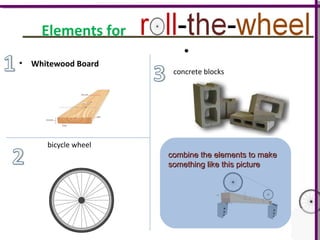 Elements for
•   Whitewood Board
                        concrete blocks




       bicycle wheel
                       combine the elements to make
                       something like this picture
 