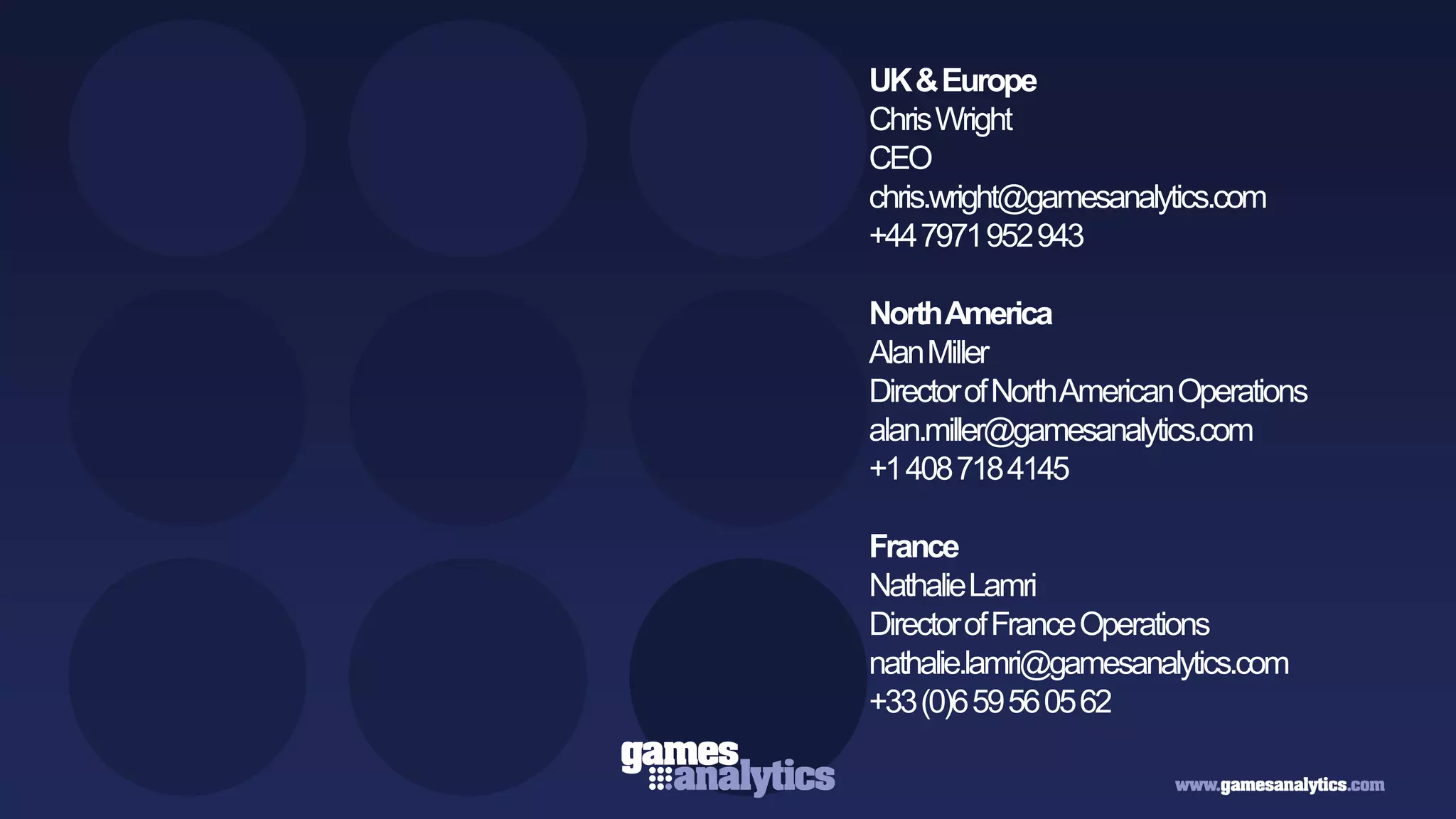 `   UK & Europe
                                     Chris Wright
                                     CEO
                                     chris.wright@gamesanalytics.com
                                     +44 7971 952 943

                                     North America
                                     Alan Miller
                                     Director of NorthAmerican Operations
                                     alan.miller@gamesanalytics.com
                                     +1 408 718 4145

                                     France
                                     Nathalie Lamri
                                     Director of France Operations
                                     nathalie.lamri@gamesanalytics.com
                                     +33 (0)6 59 56 05 62
                                                                            31
Copyright GamesAnalytics ©2011
 