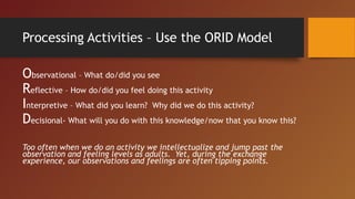 Processing Activities – Use the ORID Model
Observational – What do/did you see
Reflective – How do/did you feel doing this activity
Interpretive – What did you learn? Why did we do this activity?
Decisional- What will you do with this knowledge/now that you know this?
Too often when we do an activity we intellectualize and jump past the
observation and feeling levels as adults. Yet, during the exchange
experience, our observations and feelings are often tipping points.
 