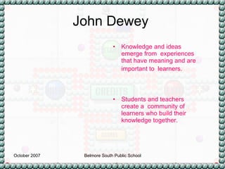 John Dewey  Knowledge and ideas emerge from  experiences that have meaning and are important to  learners.   Students and teachers create a  community of learners who build their knowledge together. 