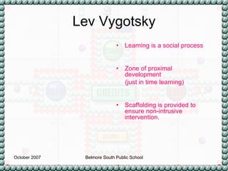 Lev Vygotsky Learning is a social process Zone of proximal development  (just in time learning) Scaffolding is provided to ensure non-intrusive intervention. 