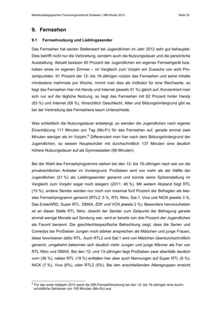 Medienpädagogischer Forschungsverbund Südwest / JIM-Studie 2012

Seite 25

9. Fernsehen
9.1

Fernsehnutzung und Lieblingssender

Das Fernsehen hat seinen Stellenwert bei Jugendlichen im Jahr 2012 sehr gut behauptet.
Dies betrifft nicht nur die Verbreitung, sondern auch die Nutzungsdauer und die persönliche
Ausstattung. Aktuell besitzen 60 Prozent der Jugendlichen ein eigenes Fernsehgerät bzw.
haben eines im eigenen Zimmer – im Vergleich zum Vorjahr ein Zuwachs von acht Prozentpunkten. 91 Prozent der 12- bis 19-Jährigen nutzen das Fernsehen und seine Inhalte
mindestens mehrmals pro Woche, nimmt man dies als Indikator für eine Reichweite, so
liegt das Fernsehen hier mit Handy und Internet (jeweils 91 %) gleich auf. Konzentriert man
sich nur auf die tägliche Nutzung, so liegt das Fernsehen mit 62 Prozent hinter Handy
(83 %) und Internet (68 %). Hinsichtlich Geschlecht, Alter und Bildungshintergrund gibt es
bei der Verbreitung des Fernsehens kaum Unterschiede.
Was schließlich die Nutzungsdauer anbelangt, so wenden die Jugendlichen nach eigener
Einschätzung 111 Minuten pro Tag (Mo-Fr) für das Fernsehen auf, gerade einmal zwei
Minuten weniger als im Vorjahr.6 Differenziert man hier nach dem Bildungshintergrund der
Jugendlichen, so weisen Hauptschüler mit durchschnittlich 137 Minuten eine deutlich
höhere Nutzungsdauer auf als Gymnasiasten (96 Minuten).
Bei der Wahl des Fernsehprogramms stehen bei den 12- bis 19-Jährigen nach wie vor die
privatrechtlichen Anbieter im Vordergrund. ProSieben wird von mehr als der Hälfte der
Jugendlichen (51 %) als Lieblingssender genannt und konnte seine Spitzenstellung im
Vergleich zum Vorjahr sogar noch steigern (2011: 46 %). Mit weitem Abstand folgt RTL
(15 %), andere Sender werden nur noch von maximal fünf Prozent der Befragten als liebstes Fernsehprogramm genannt (RTL2: 5 %, RTL Nitro, Sat.1, Viva und NICK jeweils 3 %,
Das Erste/ARD, Super RTL, DMAX, ZDF und VOX jeweils 2 %). Besonders hervorzuheben
ist an dieser Stelle RTL Nitro: obwohl der Sender zum Zeitpunkt der Befragung gerade
einmal wenige Monate auf Sendung war, wird er bereits von drei Prozent der Jugendlichen
als Favorit benannt. Die geschlechtsspezifische Betrachtung zeigt, dass die Serien und
Comedys bei ProSieben Jungen noch stärker ansprechen als Mädchen und junge Frauen,
diese favorisieren dafür RTL. Auch RTL2 und Sat.1 wird von Mädchen überdurchschnittlich
genannt, umgekehrt bekennen sich deutlich mehr Jungen und junge Männer als Fan von
RTL Nitro und DMAX. Bei den 12- und 13-Jährigen liegt ProSieben zwar ebenfalls deutlich
vorn (36 %), neben RTL (19 %) entfallen hier aber auch Nennungen auf Super RTL (8 %),
NICK (7 %), Viva (6%), oder RTL2 (5%). Bei den anschließenden Altersgruppen erreicht

6

Für das erste Halbjahr 2012 weist die GfK-Fernsehforschung bei den 12- bis 19-Jährigen eine durchschnittliche Sehdauer von 105 Minuten (Mo-So) aus.

 