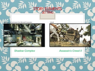 STORY ELEMENTS
SETTING
Shadow Complex Assassin’s Creed II
Reprinted with permission from Microsoft Corporation Ubisoft
 