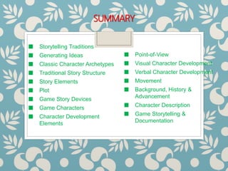 SUMMARY
■ Storytelling Traditions
■ Generating Ideas
■ Classic Character Archetypes
■ Traditional Story Structure
■ Story Elements
■ Plot
■ Game Story Devices
■ Game Characters
■ Character Development
Elements
■ Point-of-View
■ Visual Character Development
■ Verbal Character Development
■ Movement
■ Background, History &
Advancement
■ Character Description
■ Game Storytelling &
Documentation
 