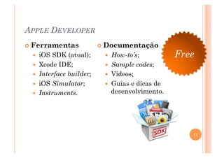 APPLE DEVELOPER
 Ferramentas             Documentação
   iOS SDK (atual);        How-to’s;          Free
   Xcode IDE;              Sample    codes;
   Interface builder;      Vídeos;
   iOS Simulator;          Guiase dicas de
   Instruments.            desenvolvimento.




                                                   11
 
