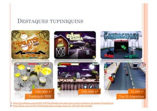 DESTAQUES TUPINIQUINS




                       100.000 +1                                  100.000 +2                               15.000 +1
                                                                                                                5
                 Publicação PSN                                                                      Top 25 Argentina

1: http://reuellopes.com.br/2011/07/facilidades-da-app-store-atrai-criadores-de-games-brasileiros/
2: http://ftips.com.br/2011/04/chupacabra-atinge-mais-de-100-mil-downloads/
 
