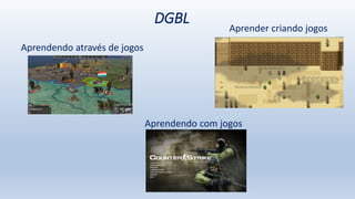 DGBL
Aprendendo através de jogos
Aprendendo com jogos
Aprender criando jogos
 