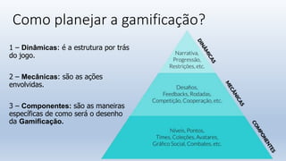 Como planejar a gamificação?
1 – Dinâmicas: é a estrutura por trás
do jogo.
2 – Mecânicas: são as ações
envolvidas.
3 – Componentes: são as maneiras
específicas de como será o desenho
da Gamificação.
 