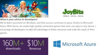 160М+downloads
$10МRevenue
Cloud backend for games (Windows,
Android, iOS)
Connected Gameplay
 