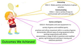 Outcomes We Achieved 
Interacting 
INS2.3 - Makes positive contributions in group 
activities. 
Communicating 
COS2.1 - Uses a variety of ways to 
communicate with and within groups. 
Games and Sports 
GSS2.8 - Participates and uses equipment in a 
variety of games and modified sports. 
practises and refines movement skills in a variety of games 
demonstrates efficient ways of using equipment while 
working cooperatively with others 
demonstrates a range of skills in practices and modified 
games, eg throwing and catching in moving and 
stationary positions 
 