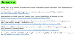References 
Light, R. (2003). The joy of learning: Emotion and learning in games through teaching games for understanding. Journal of physical education 
New Zealand. (p.93-99). 
New Zealand Rugby Union. (2014). Coaching toolbox. Game development: Game sense. Retrieved 23rd September 2014 from 
http://www.coachingtoolbox.co.nz/table/game-sense/ 
NSW Government. (n.d). PDHPE: Game sense to practical lessons. CS Feature Article. Retrieved 23rd September 2014 from 
http://www.curriculumsupport.education.nsw.gov.au/secondary/pdhpe/assets/pdf/pa_002.pdf 
NSW Government. (2011). New South Wales Department of Education and Communities. PDHPE: Rethinking the teaching of games and 
sports. Games categories. Retrieved 23rd September 2014 from 
http://www.curriculumsupport.education.nsw.gov.au/secondary/pdhpe/pdhpe7_10/physical_activity/games_002.htm 
NSW Government. (2011a). New South Wales Department of Education and Communities. PDHPE: Rethinking the teaching of games and 
sports. Retrieved 23rd September 2014 from 
http://www.curriculumsupport.education.nsw.gov.au/secondary/pdhpe/pdhpe7_10/physical_activity/games.htm 
Pearson, P., Webb, P., & McKeen, K. (2005). Linking Teaching Games for Understanding (TGfU) and Quality Teaching (QT). Game Sense youtube 
clip: http://www.youtube.com/watch?v=RKzAbB2Lg6U 
