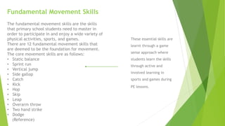 Fundamental Movement Skills
The fundamental movement skills are the skills
that primary school students need to master in
order to participate in and enjoy a wide variety of
physical activities, sports, and games.
There are 12 fundamental movement skills that
are deemed to be the foundation for movement.
The core movement skills are as follows:
• Static balance
• Sprint run
• Vertical jump
• Side gallop
• Catch
• Kick
• Hop
• Skip
• Leap
• Overarm throw
• Two hand strike
• Dodge
(Reference)
These essential skills are
learnt through a game
sense approach where
students learn the skills
through active and
involved learning in
sports and games during
PE lessons.
 