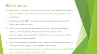 Reference List
 Australian Sports Commission. (2016). Sporting Schools. Game Sense Approach. Retrieved from
https://sportingschools.gov.au/resources-and-pd/schools/playing-for-life-resources/game-
sense-approach
 Board of Studies, NSW. (2007). Personal development, health and physical education K-6:
Syllabus. Sydney, Australia: Author.
 Curry, C. (2011). Using the Game Sense Approach to Deliver Quality Teaching in Physical
Education. 21st Century Learning. Western Sydney University. Retrieved from
https://learning21c.wordpress.com/2011/11/27/using-the-game-sense-approach-to-deliver-
quality-teaching-in-physical-education/
 Light, R. (2014). Quality Teaching Beyond Games Through Game Sense Pedagogy. University of
Sydney Papers in HMHCE- Special Game Sense Edition. Retrieved from
https://sydney.edu.au/education_social_work/research/centres_and_networks/ADPN/HMHCE-
papers/resources/HMHCE_GS_Ed_Article_01_2014.pdf
 